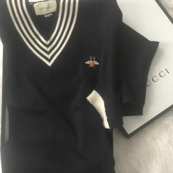 Gucci Blue V Neck Sweater L Bee Logo 